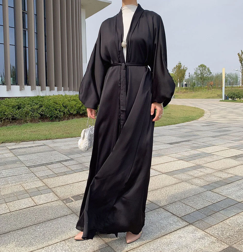 

Plain Abaya Women's Muslim Robe Dubai Fashion Puff Sleeves Cardigan Dress With Belt Middle East Lady Simple Costume Arab Kaftans