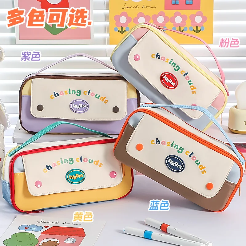 Back To School Color Block Handheld Pencil Pouch Aesthetic Multi Pocket Oxford Pencil Case for Teenage Girls Daily Study