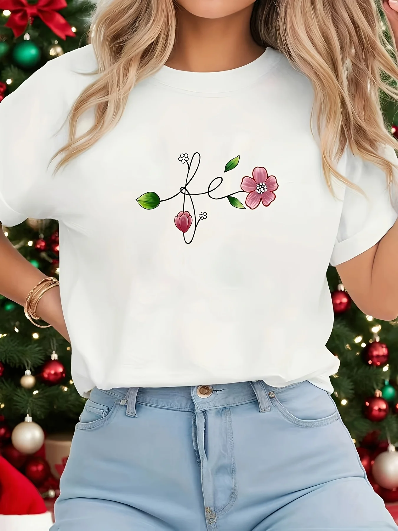 Greeting Hidden Among The Flowers The Floral Design Features A 'Hi' Pattern White Short-Sleeve Round-Neck Printed T-Shirt It Is