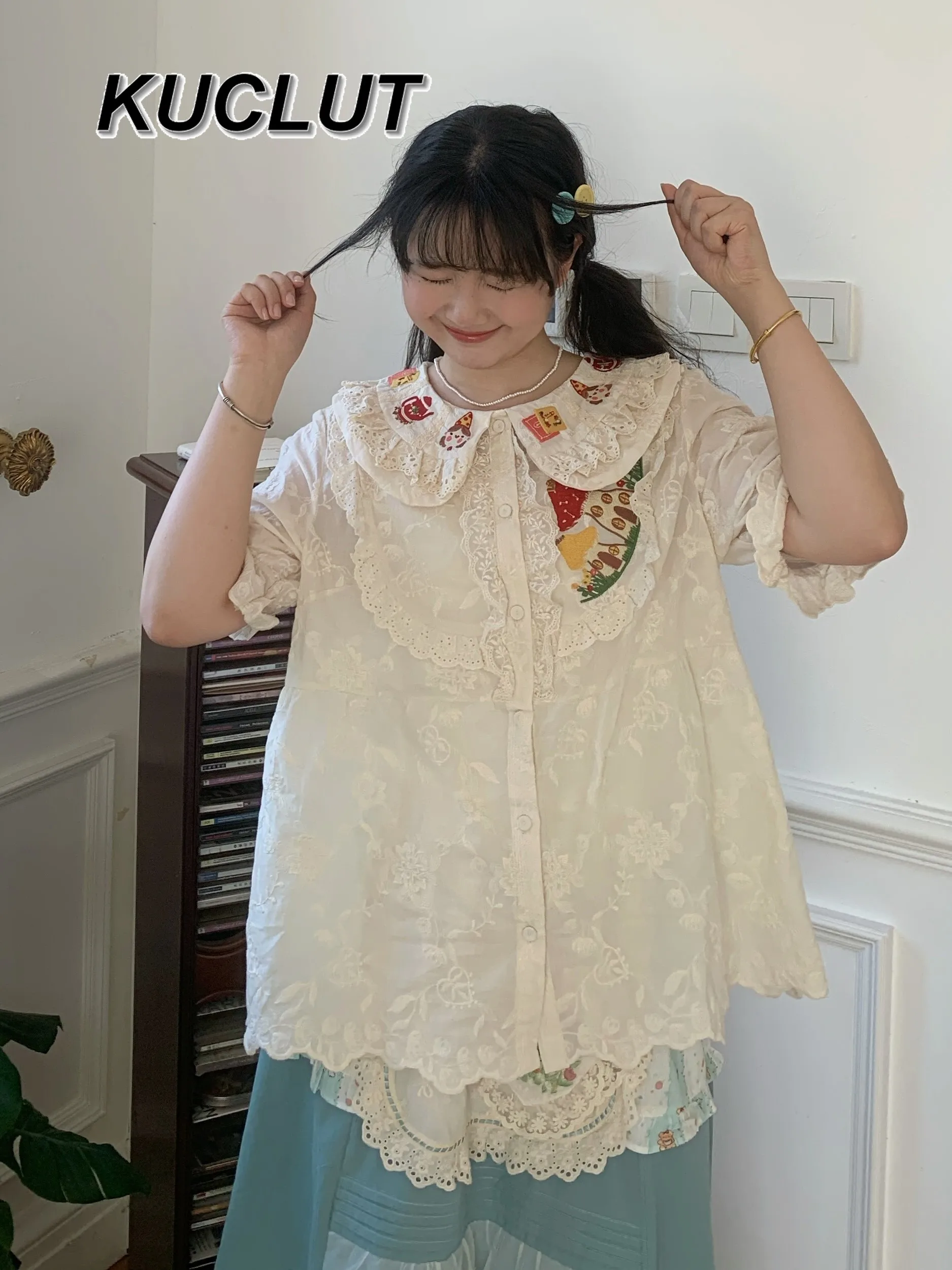

2025 New Sweet and Cute Embroidered Lapel Lace Short-sleeved Shirt Age-reducing Loose Blouse Femme Summer Tops for Women