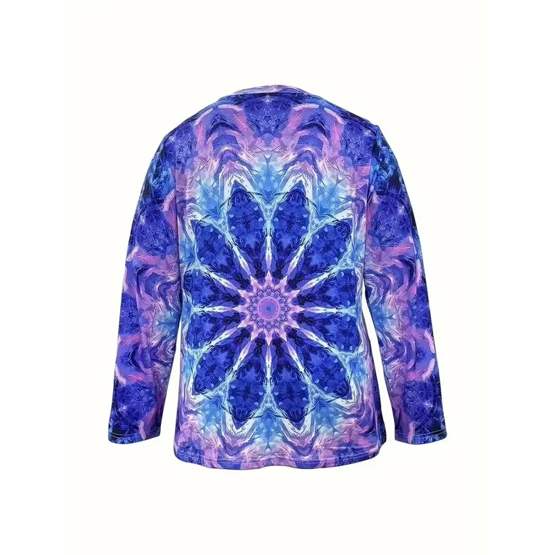 تي شيرت بطبعة زهور بمقاس كبير، تي شيرت كاجوال بأكمام طويلة ورقبة على شكل حرف V، ملابس نسائية بمقاسات كبيرة