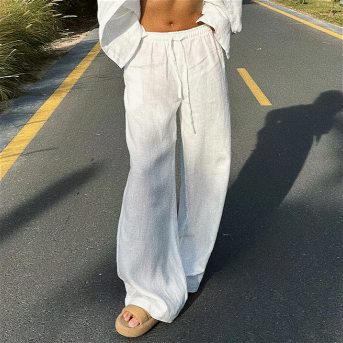 Casual Oversized White Solid Wide Leg Pants Fashion Women Elastic High Waist Pocket Baggy Sweatpant Office Lady Commute Trousers