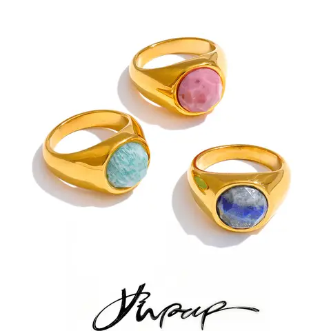 Yhpup Size 7 Stainless Steel Natural Amazonite Rhodochrosite Stone Ring 18K Gold PVD Plated High Quality Classic Finger Jewelry