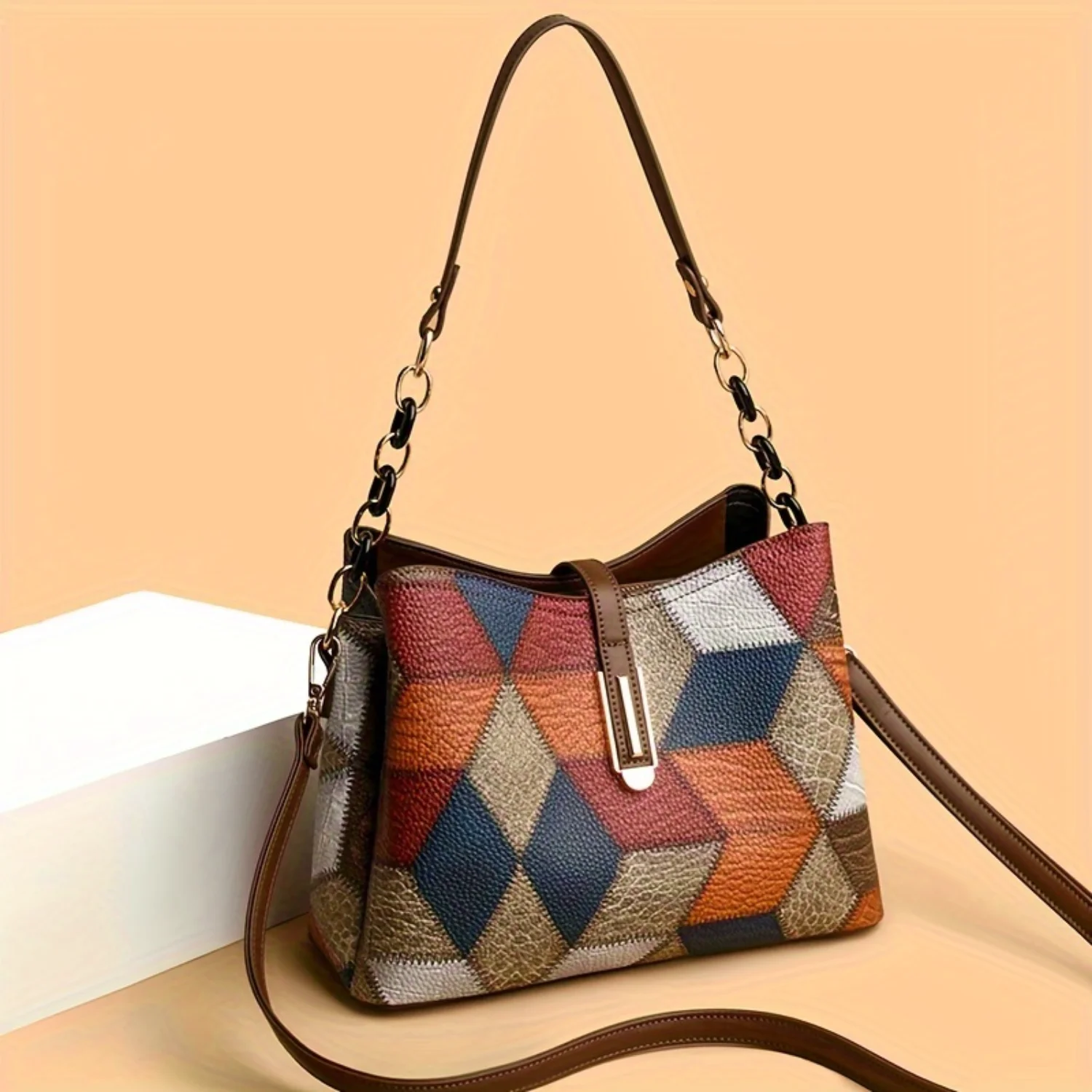

Stylish Colorblock Shoulder Bag for Women, Trendy Fashion Rhombic Bucket Bag with Buckle, Chic Women's Crossbody Purse Handbag