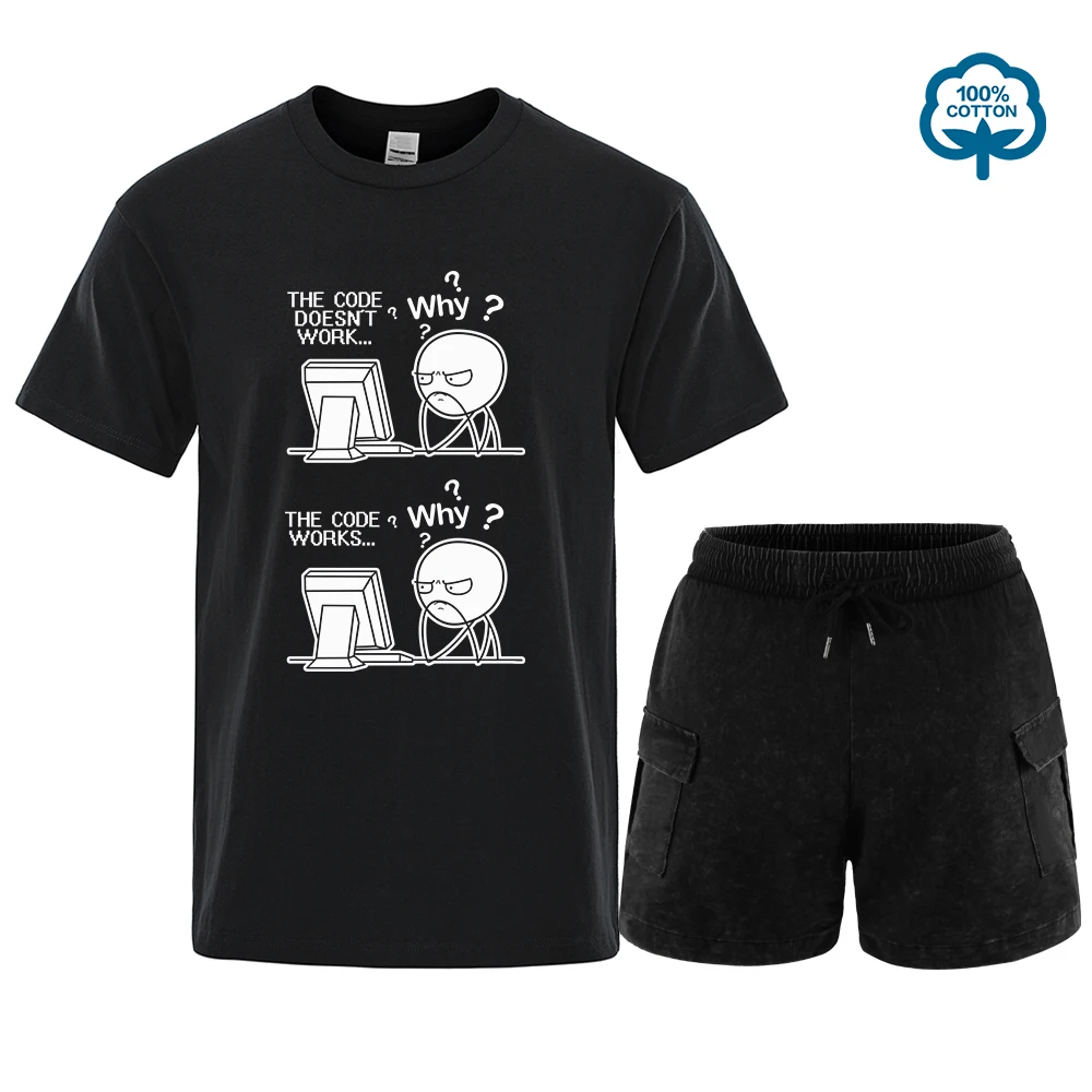 

Creative Funny Programmer Code Works Why Casual Print T-Shirt Set Camiseta Hombre Linux Operating System Fashion Streetwear Men