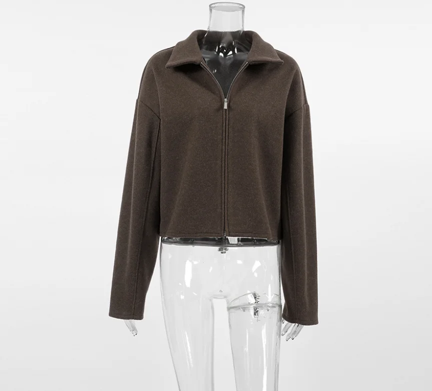

Women's Coat Autumn and Winter New Lapel Long Sleeved Zipper Woolen Coat Simple Commuting Style Casual and Elegant Coat