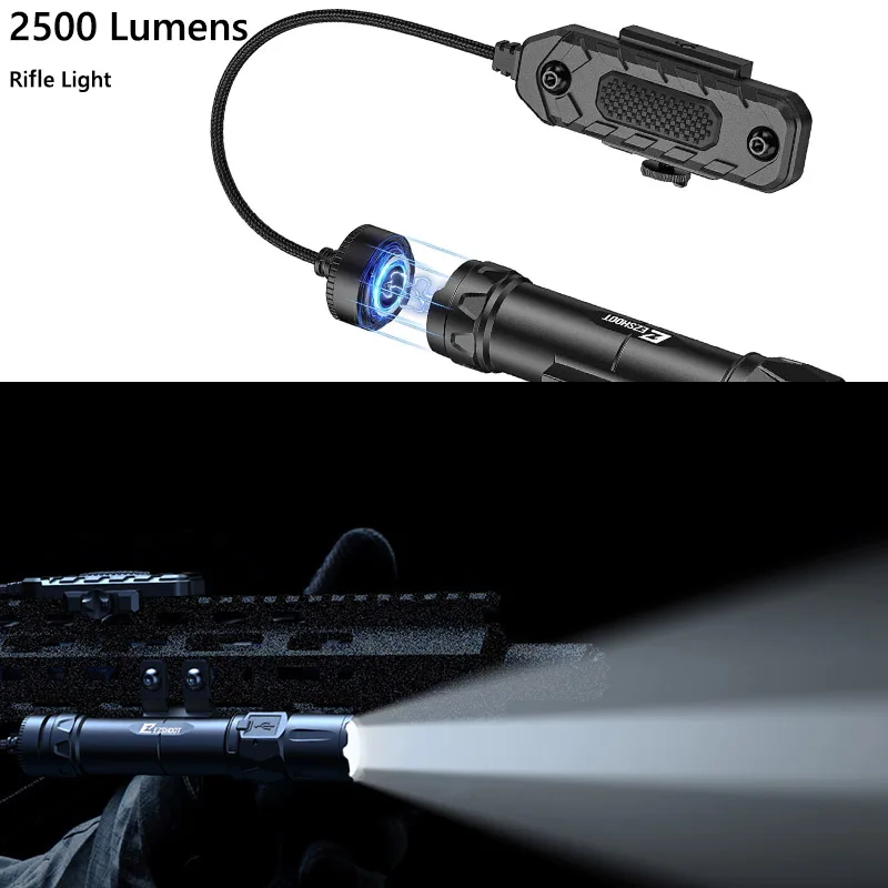 

2500 Lumens Tactical Flashlight Rifle Light Rechargeable Strobe Mode for Home Defence and Hunting Compatible with M-Rail