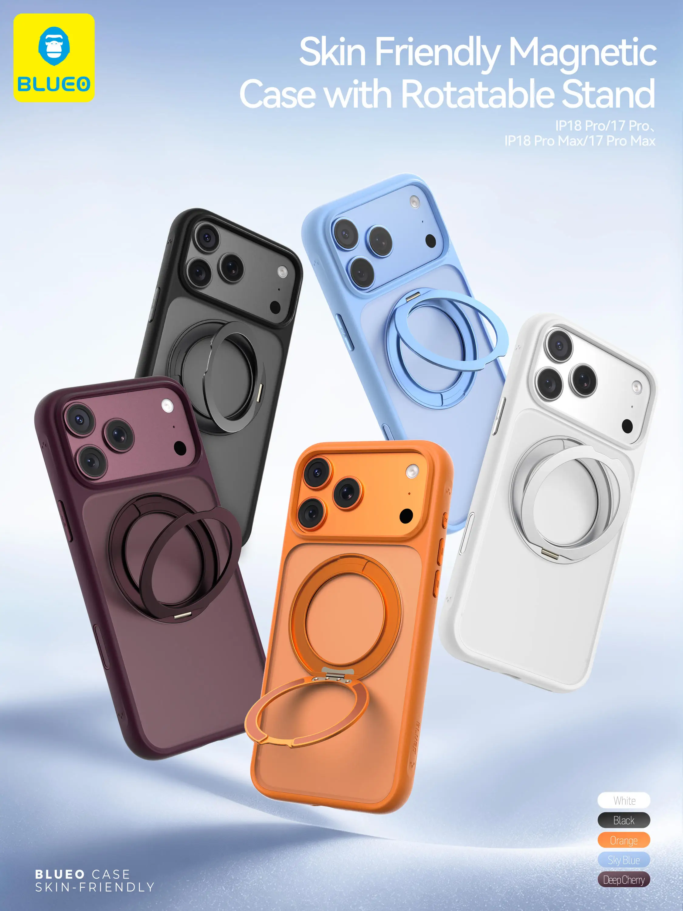 BLUEO iPhone18 pro Case Shockproof Waterproof Skin-Friendly TPU PC 360 Rotatable Magnetic Ring Stand Anti-Slip Protection