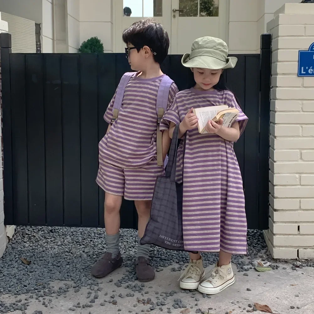 

Girls' loose dress Summer brother and sister purple striped clothes Siblings Children's Sets