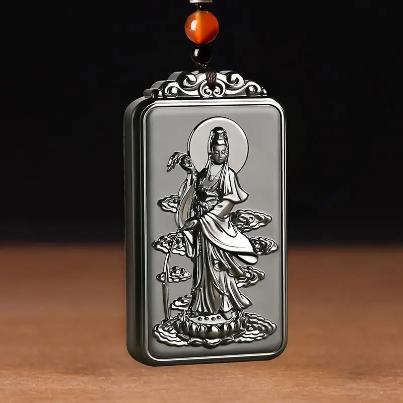 

Hetian Jade Tower Qingmo Jade Willow Branch Guanyin Pendant for Men and Women