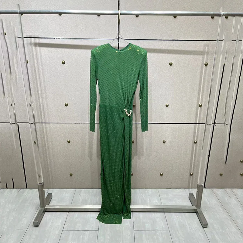 여성용 슬림핏 드레스, 패셔너블하고 섹시한 컷아웃 허리 롱 드레스, 고품질 라인스톤 장식 이브닝 가운, 2025, 신상품