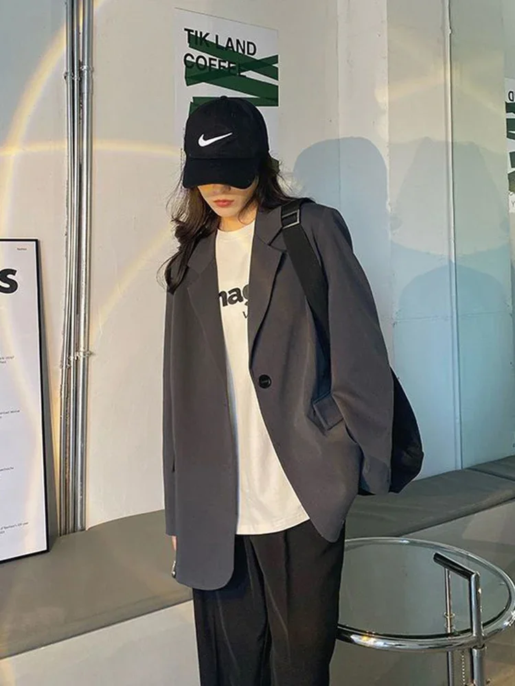 معطف Zoki Harajuku رمادي للنساء كوري فضفاض بأزرار واحدة سترة على طراز Preppy كاجوال بأكمام طويلة معطف ربيعي بسيط للسيدات