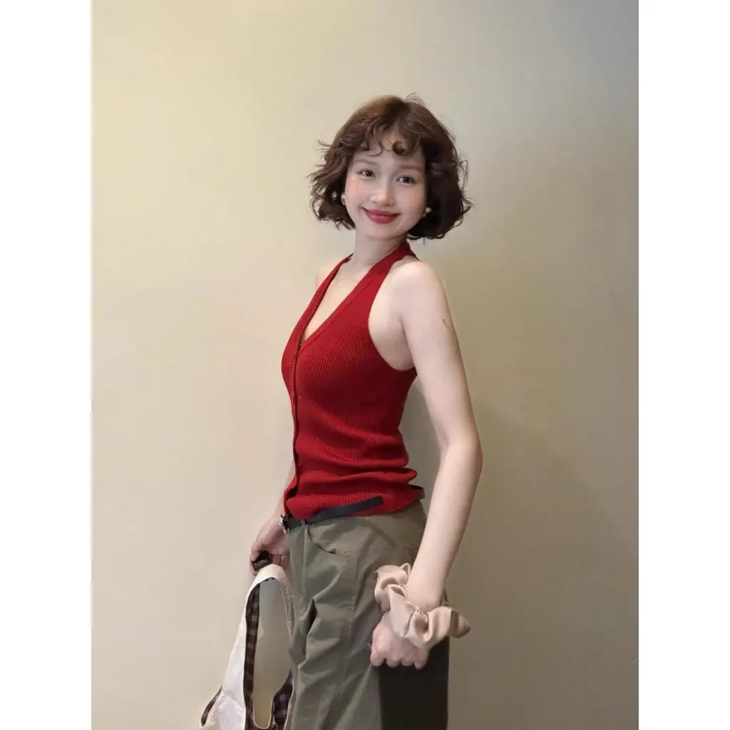 

Женский вязаный жилет с v-образным вырезом и воротником-халтер во французском стиле, тонкий стильный кардиган в стиле ретро, топ для летней внутренней и верхней одежды