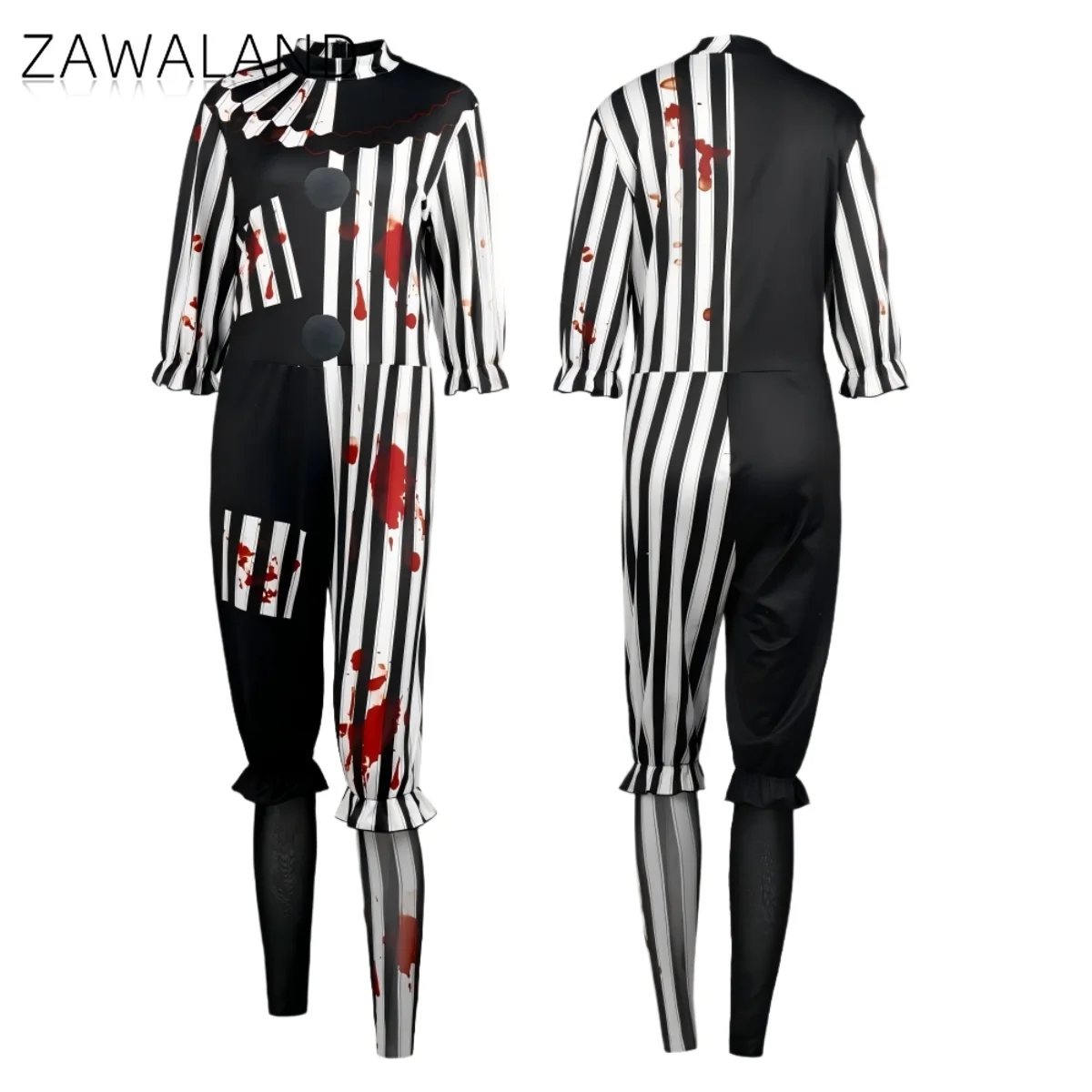 

Horror Clown Bloodstain Cosplay Costume Unisex Ruffled Middle Sleeve Jumpsuit Black White Stripe Print Bodysuit Halloween Outfit