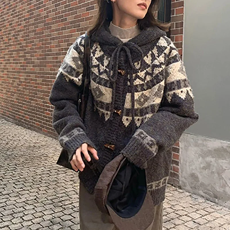 Jersey para niña, cárdigan de punto con botones de cuerno Retro, suéter de Jacquard Fair Island, chaqueta, prendas de punto de estilo Preppy para mujer, Otoño Invierno