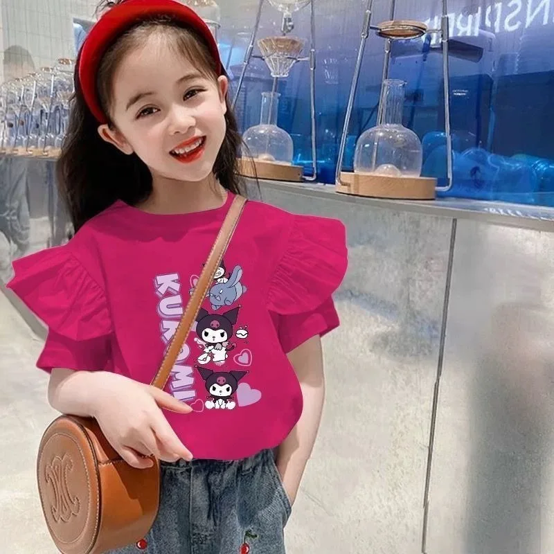 

Summer 2025 Kuromi Anime Kawaii Sanrio Ins Short Sleeve Shirt Cute Cartoon Loose Hoodie Clothes Lovely Gifts for Kids