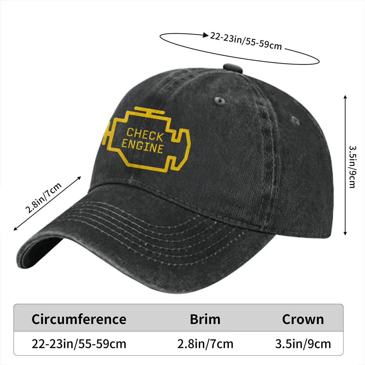 Washed Men's Baseball Cap Check Engine Trucker Snapback Caps Dad Hat Check Engine Light Golf Hats