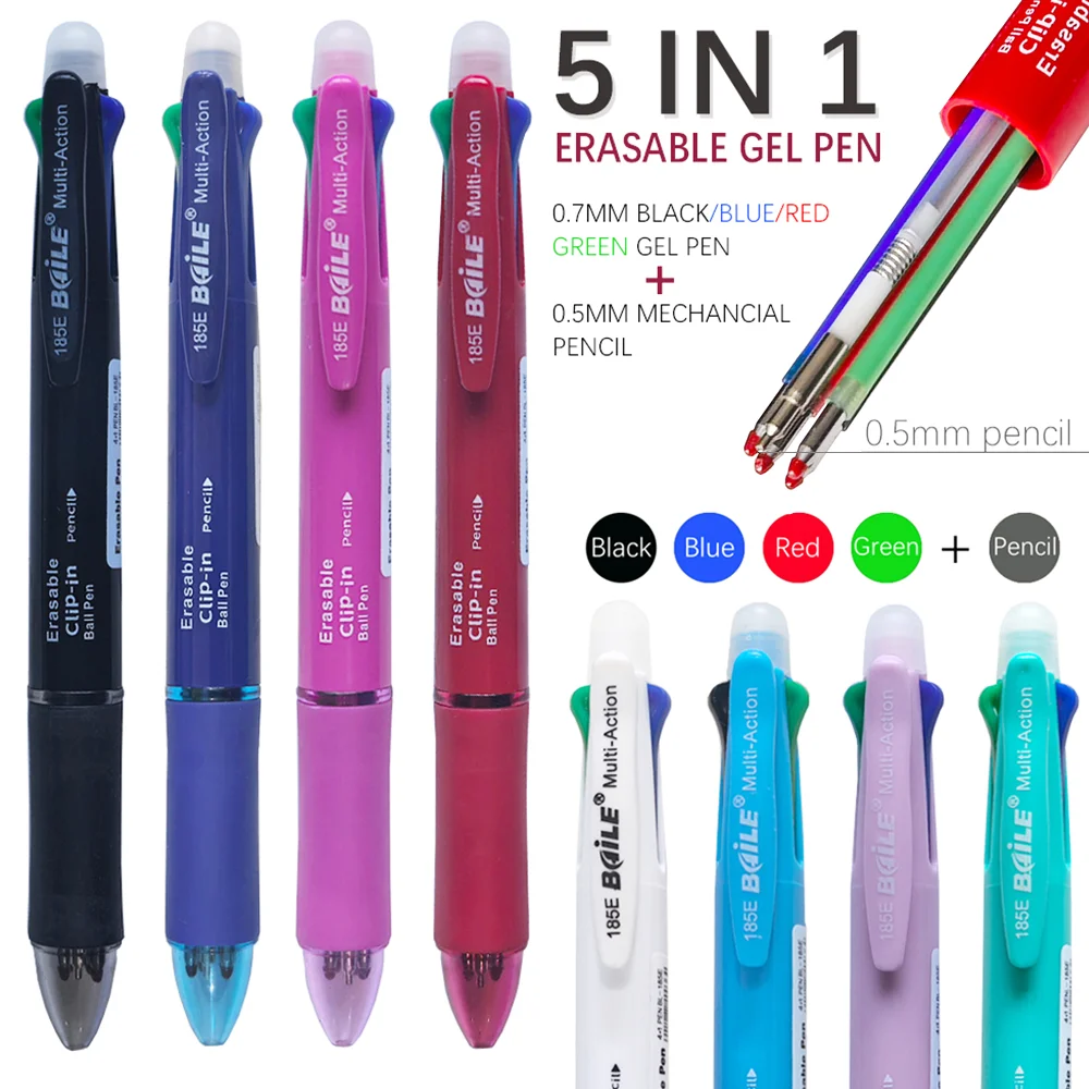 Kreative 5-in-1 mehrfarbige, löschbare Gelstifte, 2 Stück, automatischer Bleistift mit Radiergummi für Schule, Büro, Schreibbedarf, Schreibwaren – Detail 1