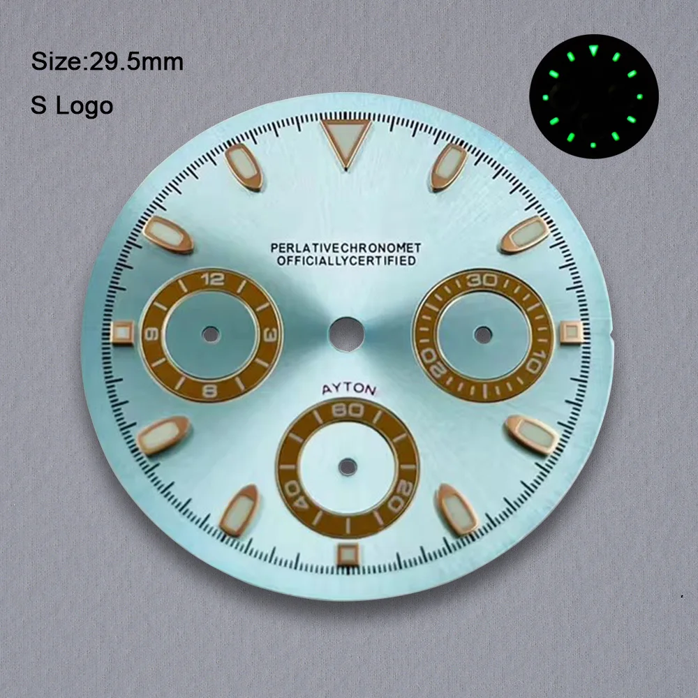 S ロゴ 29.5 ミリメートル DTN パンダダイヤル VK63 クォーツムーブメントに適したグリーン発光高品質時計修正アクセサリーツール
