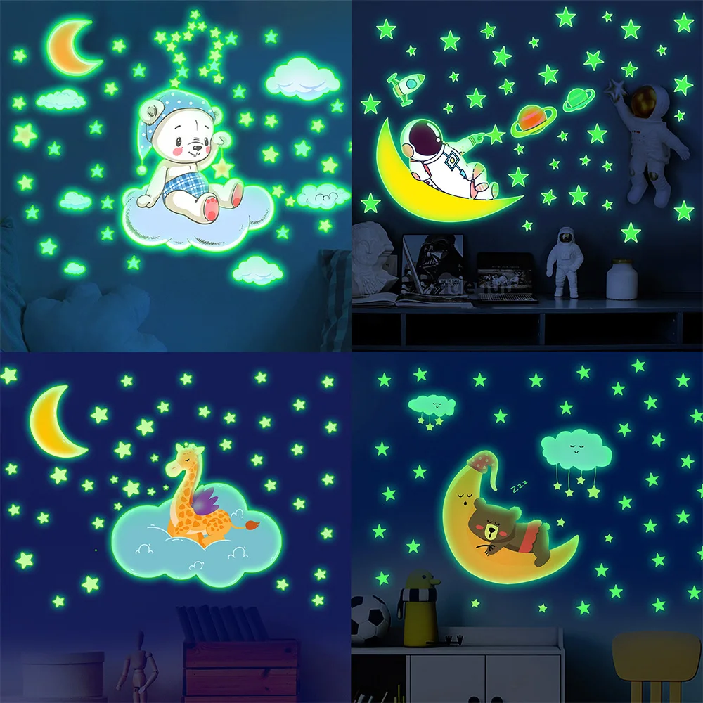 Glow in The Dark Wall Stickers PVC Cartoon Bear Moon Star Luminous Decals for Kids Room Nursery Ceiling Decor Self-Adhesive