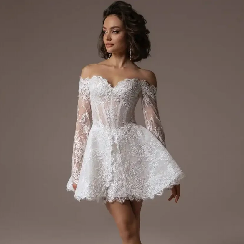 

Pretty Applique Bridal Dress Full Sleeves A Line Party Gowns with Zipper Above Knee Length Off Shoulder Party Dresses Short