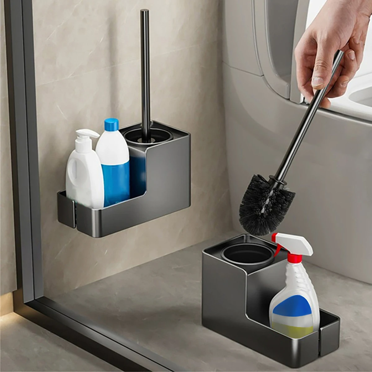 Compact Toilet Brush & Holder Aluminum Handle Space Saving for Storage Deep Cleaning Drip-Proof Easy to Assemble NO Drilling