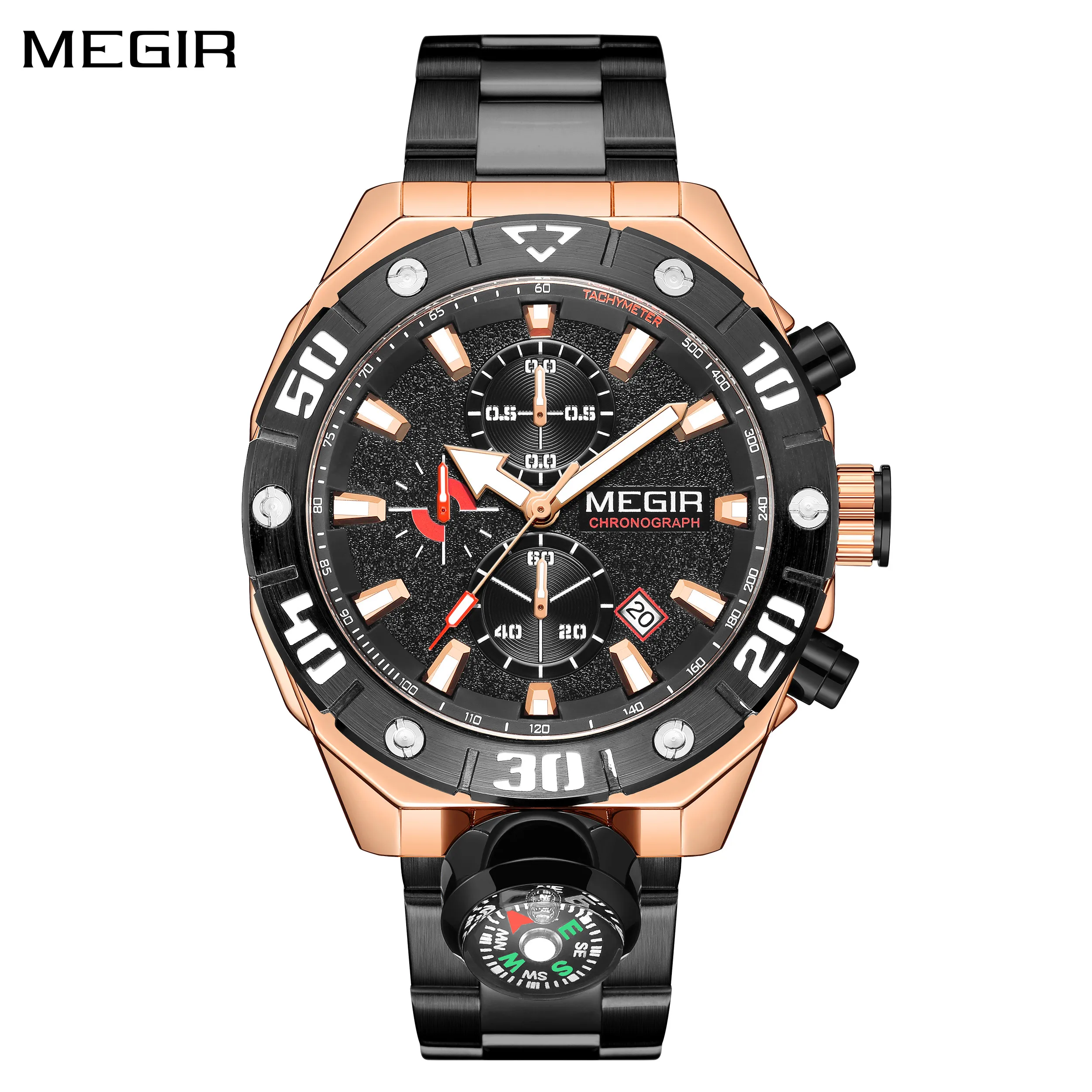 

MEGIR мужские часы с ремешком из нержавеющей стали, кварцевые наручные часы, водонепроницаемые светящиеся часы с датой, хронограф Relogio Masculino