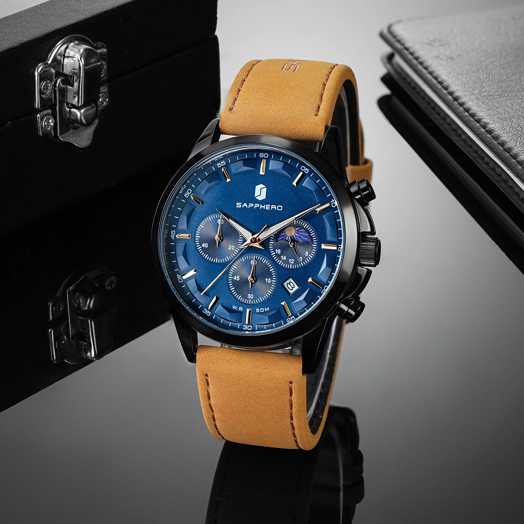 SAPPHERO Herren Chronograph Quarzuhr, 5ATM Wasserdicht, Hardlex Kristall, Lederarmband, Modische Sportuhr, Perfektes Geschenk für Männer – Detail 8