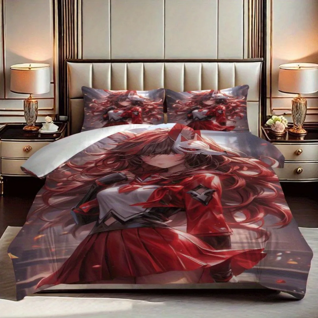 طقم غطاء لحاف مطبوع عليه رسوم متحركة Firefox Girl مكون من 2/3 قطعة، مجموعة غطاء لحاف تحتوي على غطاء لحاف وغطاء وسادة - مثالي لغرفة النوم،