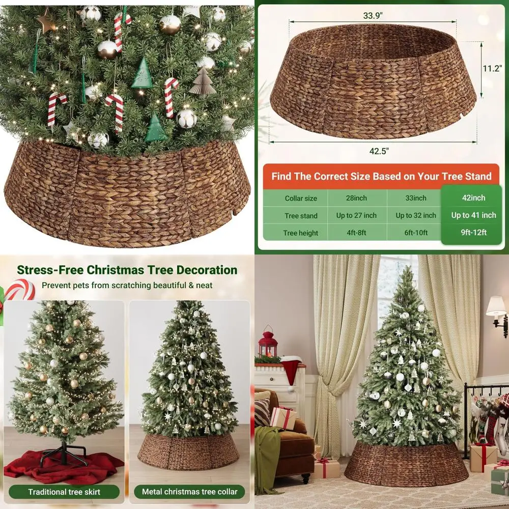 

Коричневая тканая юбка для рождественской елки из ротанга, 42-дюймовый стильный гиацинт, крышка основания дерева из 8 предметов для искусственных деревьев, вырез шнура