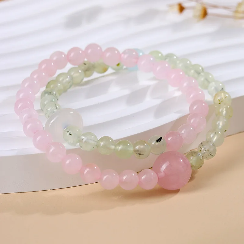

Natural Prehnite Rose Quartz Double Circle Sweet Peach Pink Women'S Bracelet Jewelry