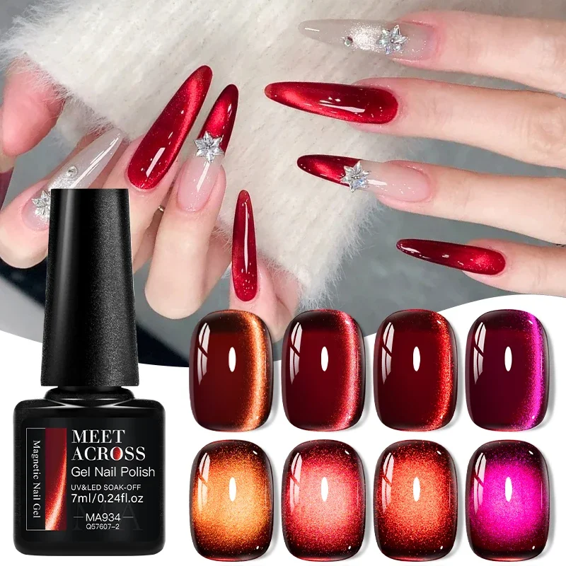 7ml MEET ACROSS Classic Red Cat Eye Gel Nail Polish 2025 Top Selling Red Color Flash Glass Beads Cat Magnetic Gel Red Nails