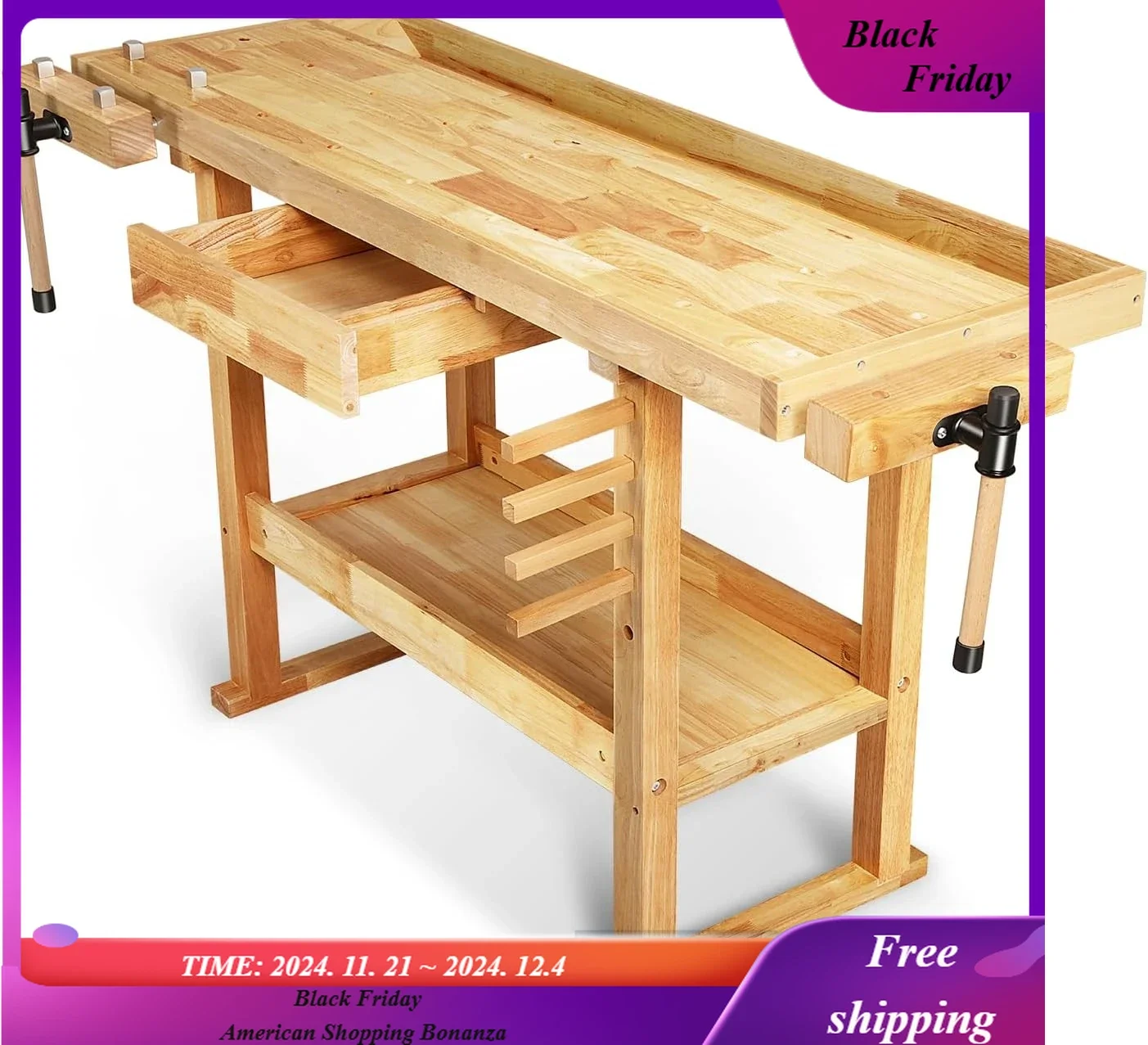 

Heavy Duty Wood Workbench, Wooden Workbench with Drawer for Workshop, Garage, W/Adjustable Handle,