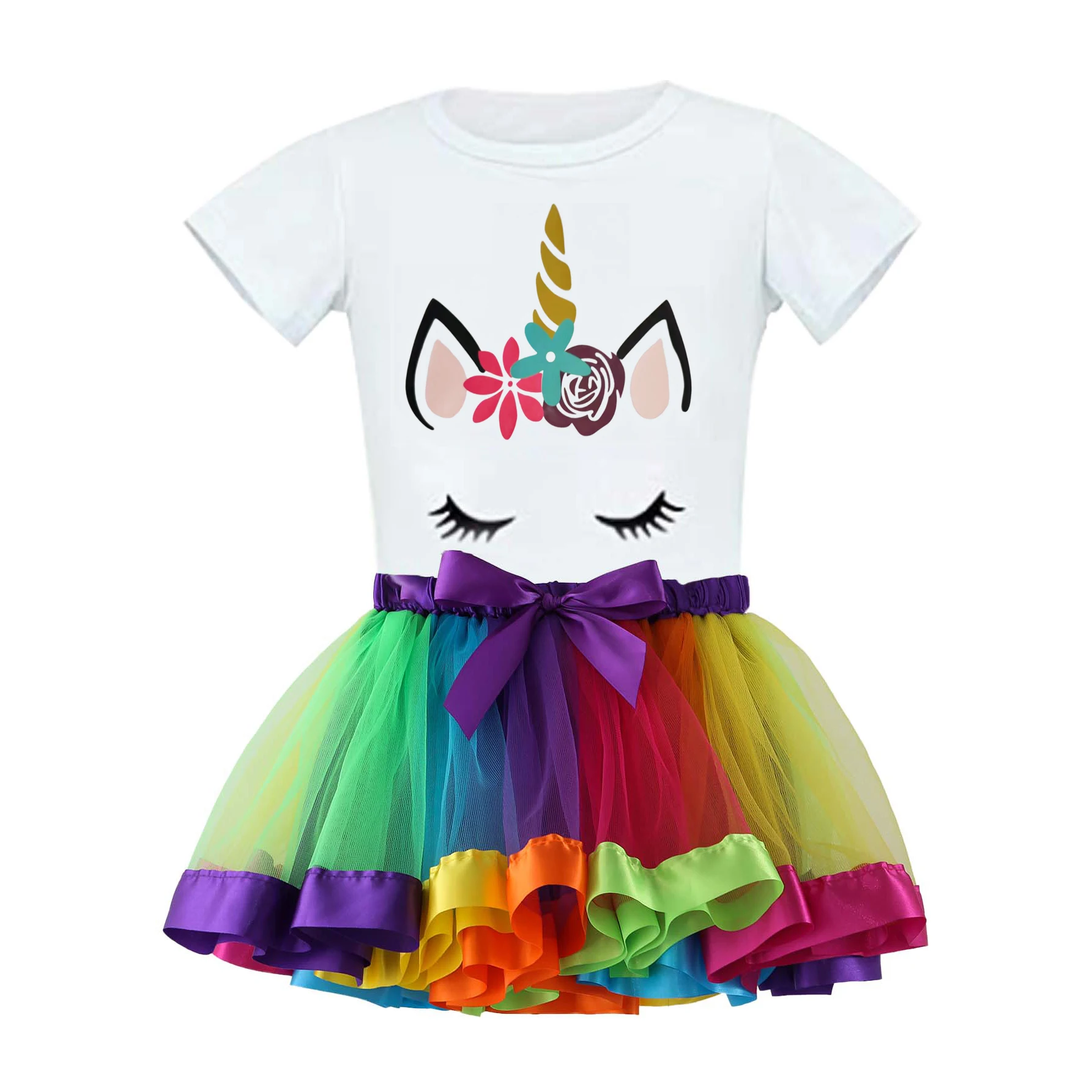 Baby's Cartoon Unicorn Print 2pcs Lovely Outfit Short SleeveTop & Colorful Mesh Skirt Set Toddler & Infant Girl's Clothes