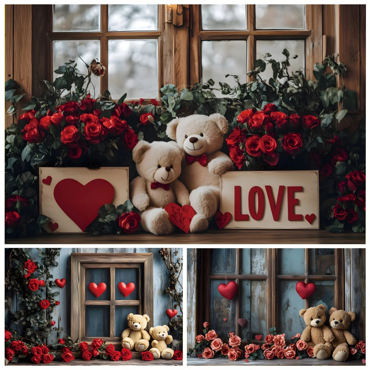 

Valentine's Day Photography Backdrop Romantic Red Roses Love Heart Wooden Door Window Bears Wedding Party Photo Background Decor