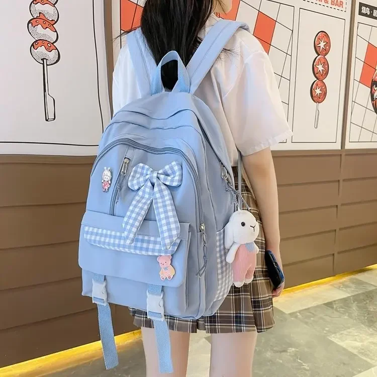 Bow Canvas Schoolbags for Girls School Students Multi-layer New Cute Middle School Students Large Capacity Bow Backpacks