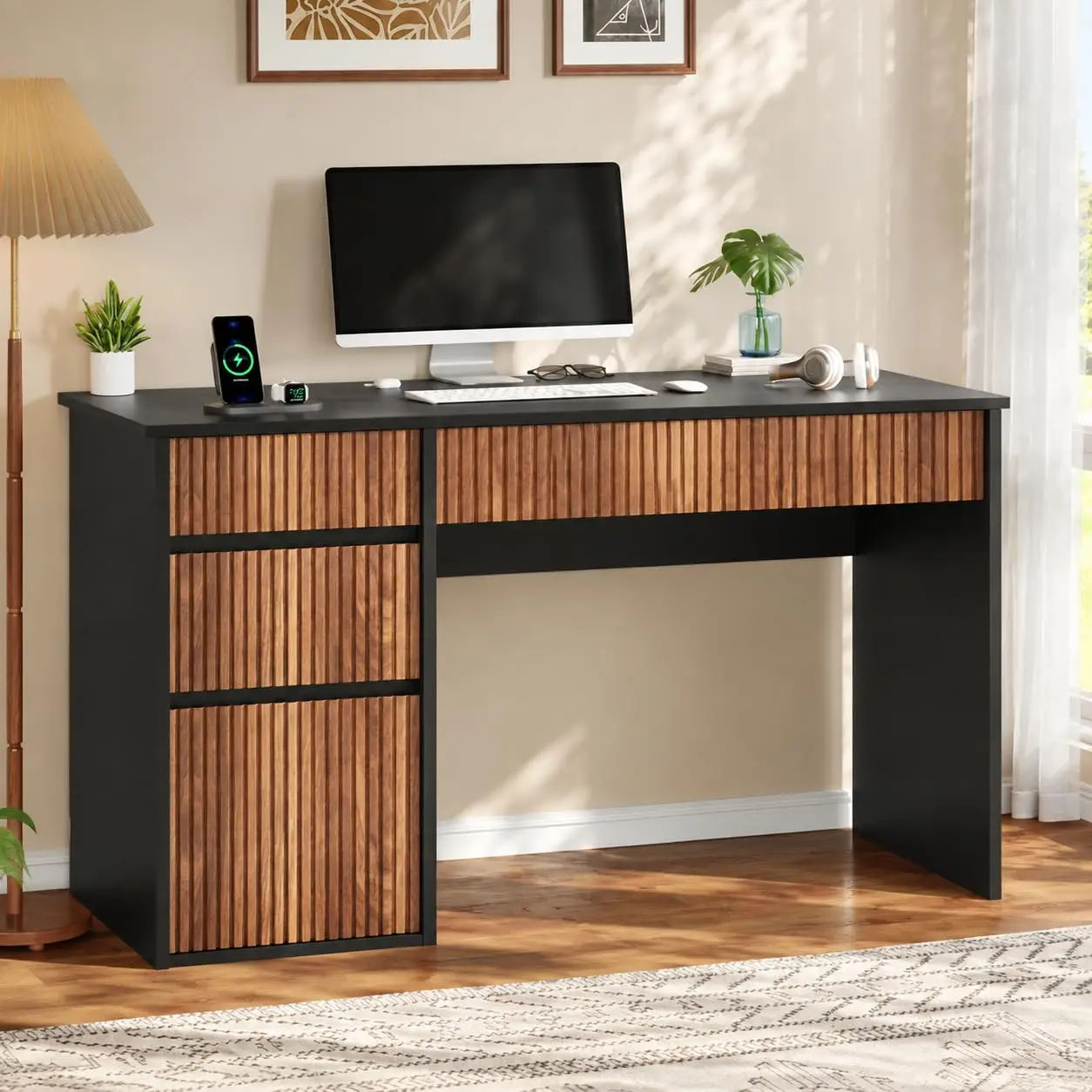 Fluted Computer Desk With Drawers & Storage 48 Inch, Customized
