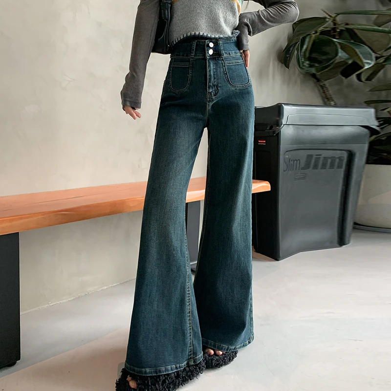 Loose Vintage Stretch Wide Leg Jeans, Slimming Double Pocket, Harbor Wind Pants, High Waist, New, Autumn