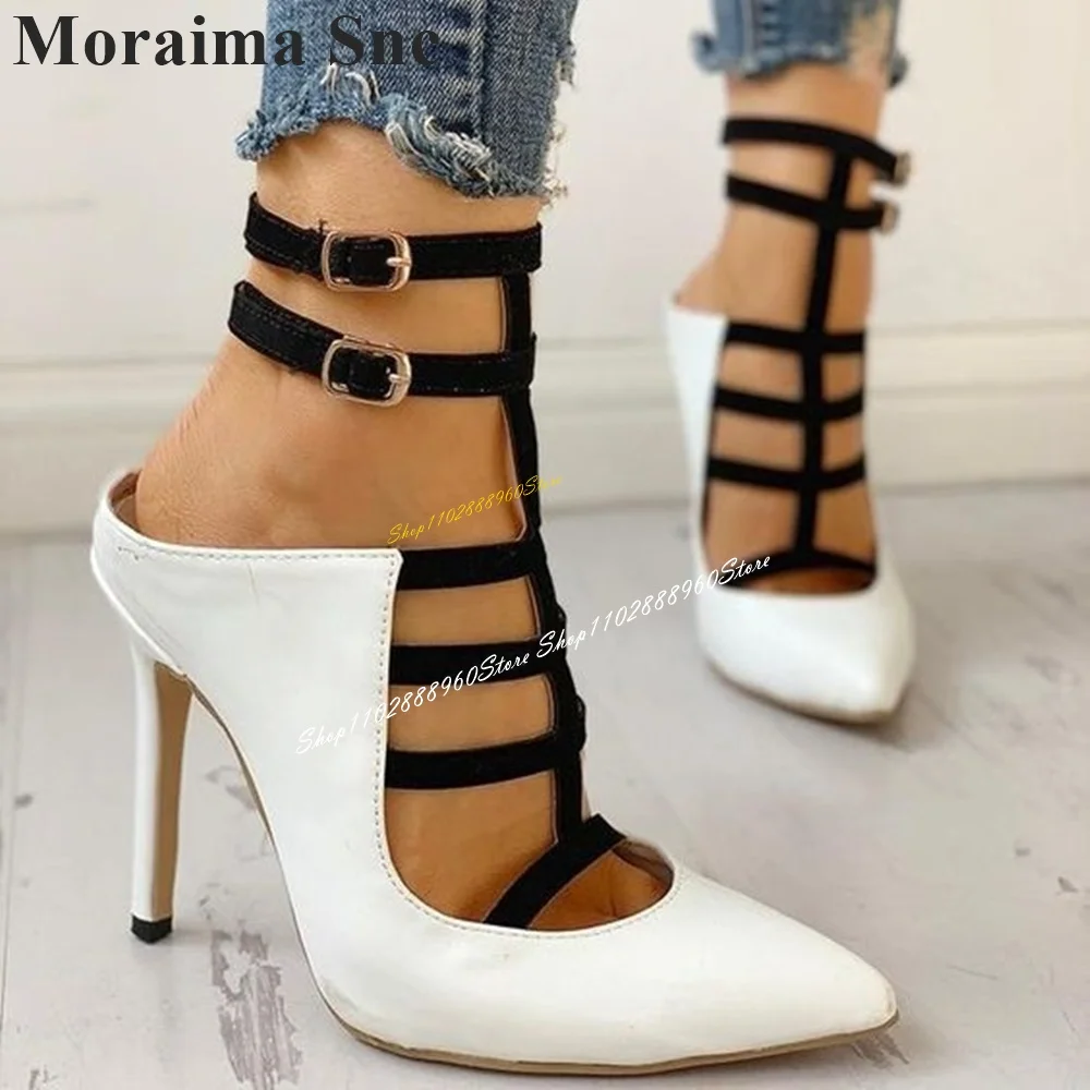 White T Strap Artificial Leather Pumps Thin High Heel Shoes For Women Ankle Buckle Strap Pointed Toe 2024 Zapatos Para Mujere