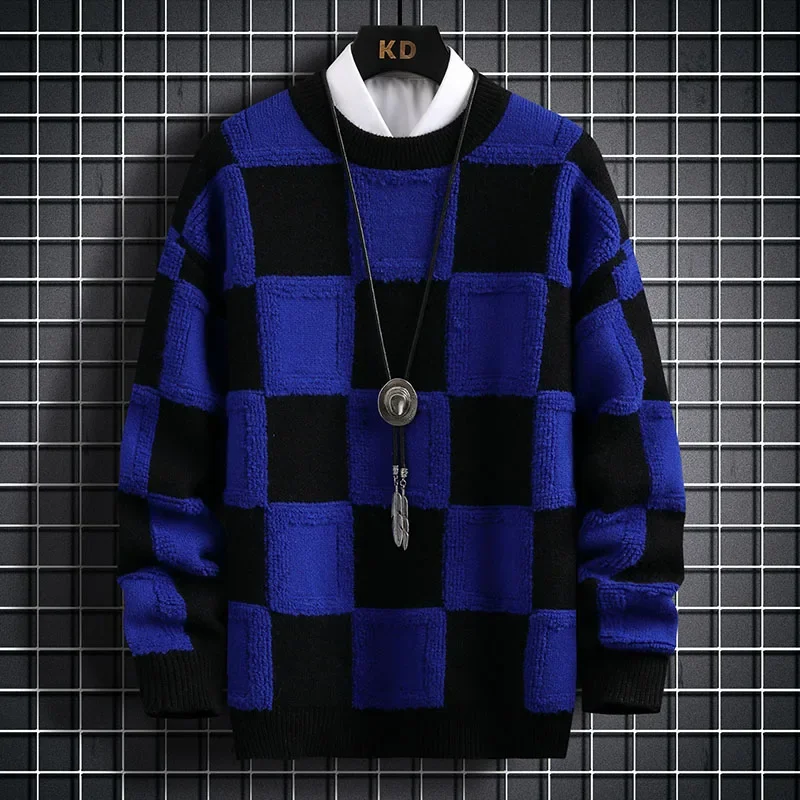 2023 New Fall Winter Men\'s Pullovers Sweaters High Quality Korean Style Thick Warm Cashmere Sweater Mens Luxury Plaid Pull Homme