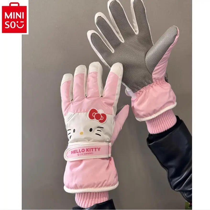 MINISO winter warm and cold resistant cute cartoon hello kitty with thick velvet, waterproof and anti slip riding gloves