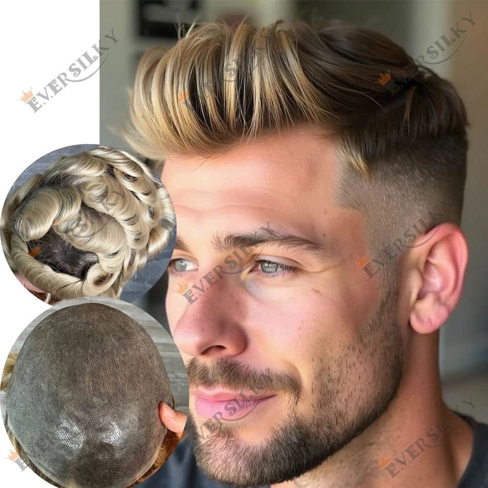 

4т/613 # Мужской парик-накладка Brown Roots, тонкий, незаметный, 0.06 мм, с V-образным креплением, омбре, блонд-серый, из натуральных волос, капиллярный протез