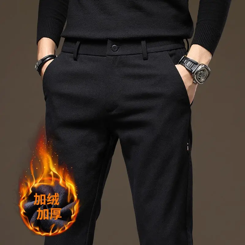 

Men Winter Warm Elasticity Suit Pants Male Fleece Lined Thickened Blazer Pants Slim Fit Versatile Casual Army Green Trousers