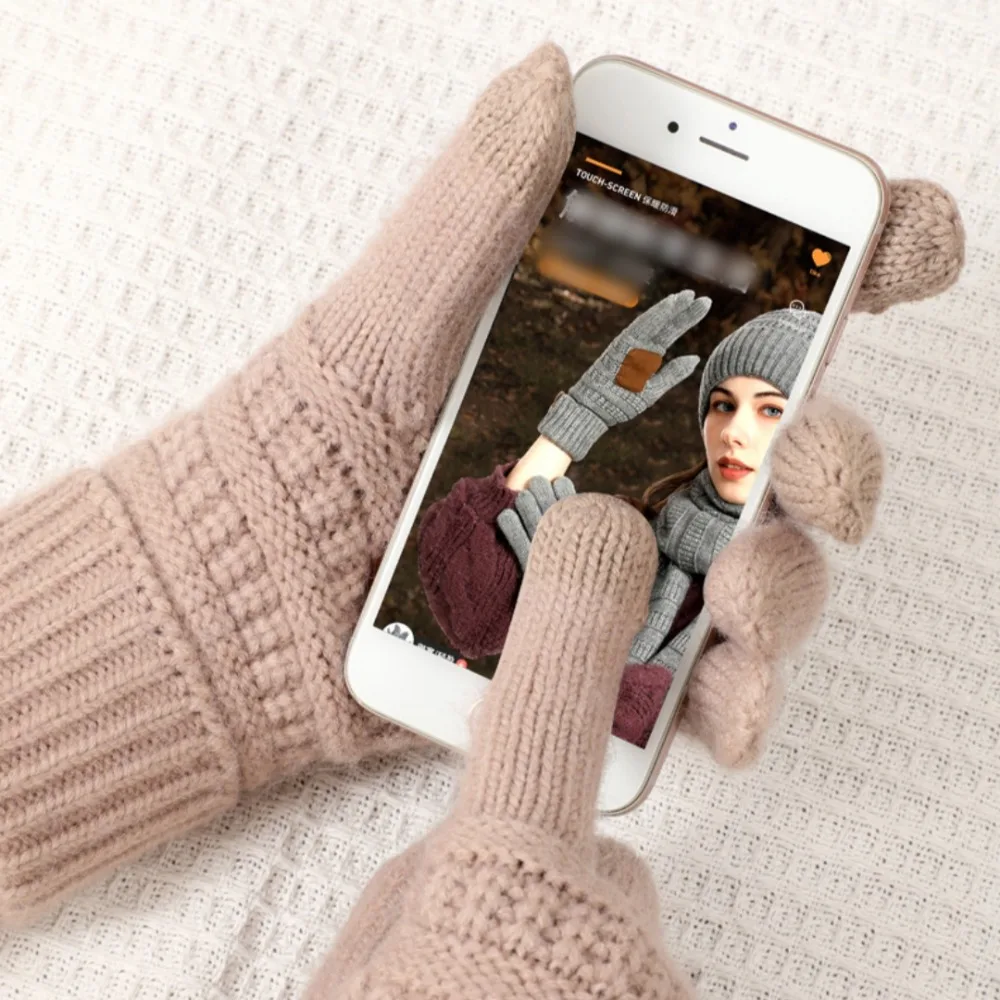 New Screen Touch Women Winter Gloves Alpaca Fleece Warm Knitted Gloves Anti-Slip with Leather Men Cycling Gloves