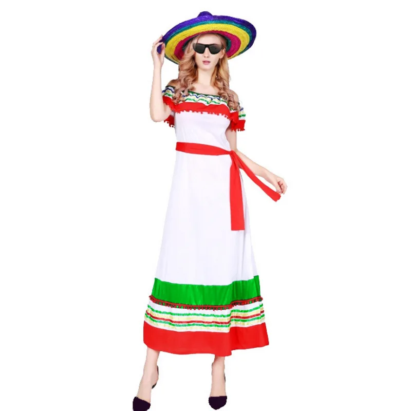 

Mexican National Costume Halloween Party Long Dress Women Stage Performance Fashion Dress Female Boat Neck Festival Clothing