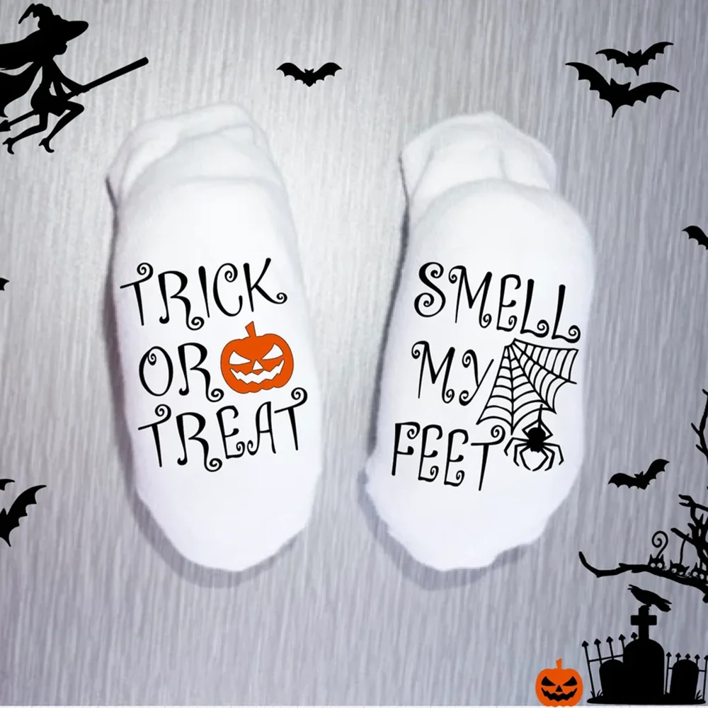 

Trick or Treat Smell My Feet Cute Baby Socks Unisex Baby Shower Gift Halloween Accessories for Newborns Evil Pumpkin Spider Web