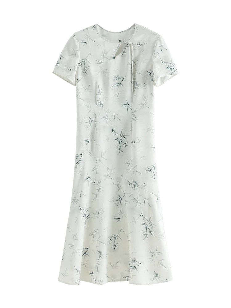 ZIQIAO New Chinese Style Bamboo Print Classic Dress For Female 2024 Summer New Design Slim Mid-Length Dress 24ZQ92137