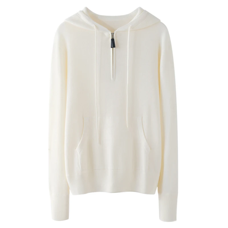 

Новый женский пуловер из 100% чистой шерсти, повседневный однотонный вязаный свитер свободного кроя с капюшоном, базовый топ на молнии с карманом