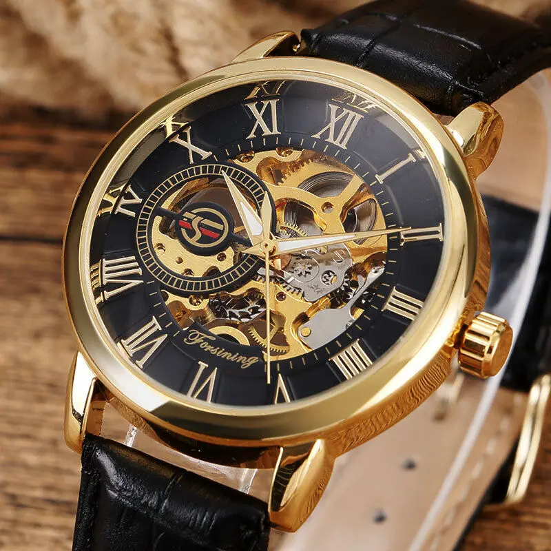 

FORSINING Roman Numerals Leather Strap Hand Winding Mechanical Men Wrist Watch