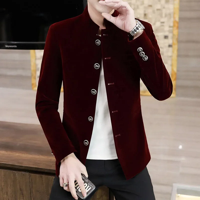 HOO 2024 Men\'s Fashion Stand Collar Velveteen Casual blazer Youth Autumn New Single Breasted Slim-Fitting   blazer